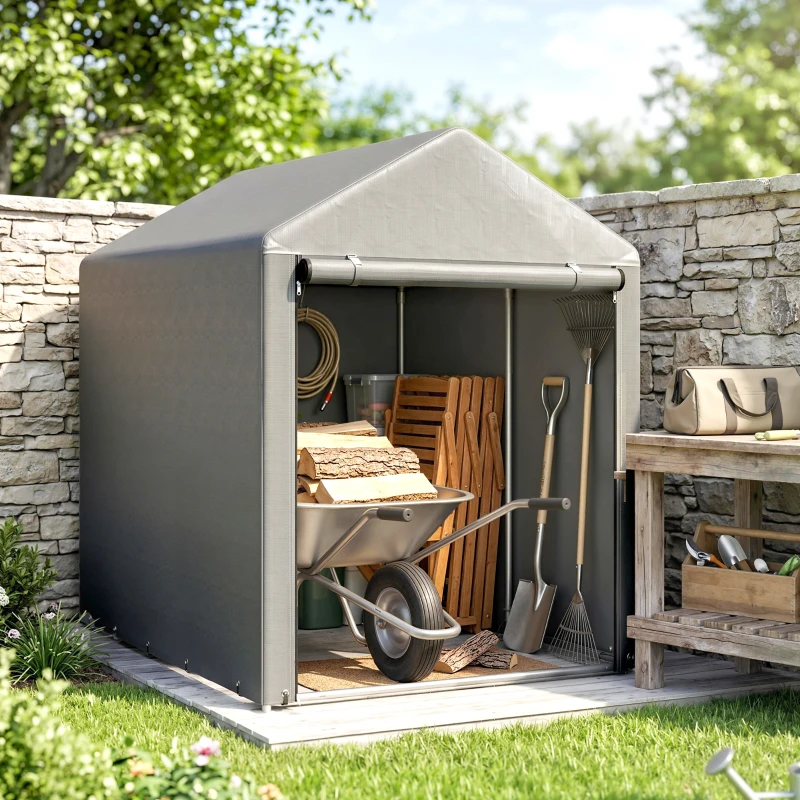 Outsunny Abri de Jardin Imperméable avec 2 Compartiments, Porte Enroulable à Fermeture Éclair, 120x179x165cm, Gris Clair