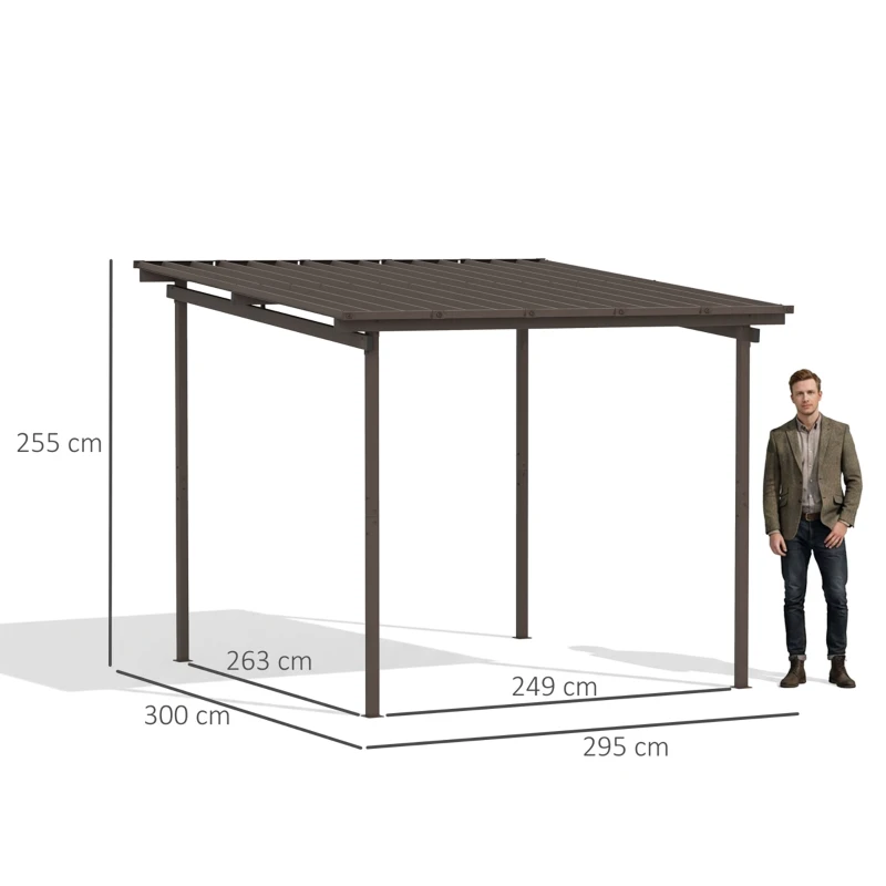 Outsunny 3 x 3(m) Garden Pergola with Waterproof Metal Roof, Lean to Pergola Hardtop Gazebo, Wind-resistant Outdoor Sun Shade, Easy to Assemble