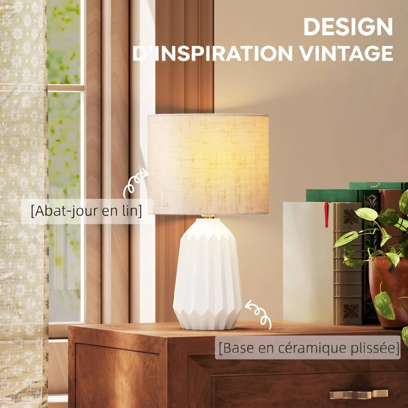HOMCOM Lampe de Table avec Base en Céramique et Abat-Jour en Lin, Lampe de Chevet avec Interrupteur, Culot E27, Blanc et Beige