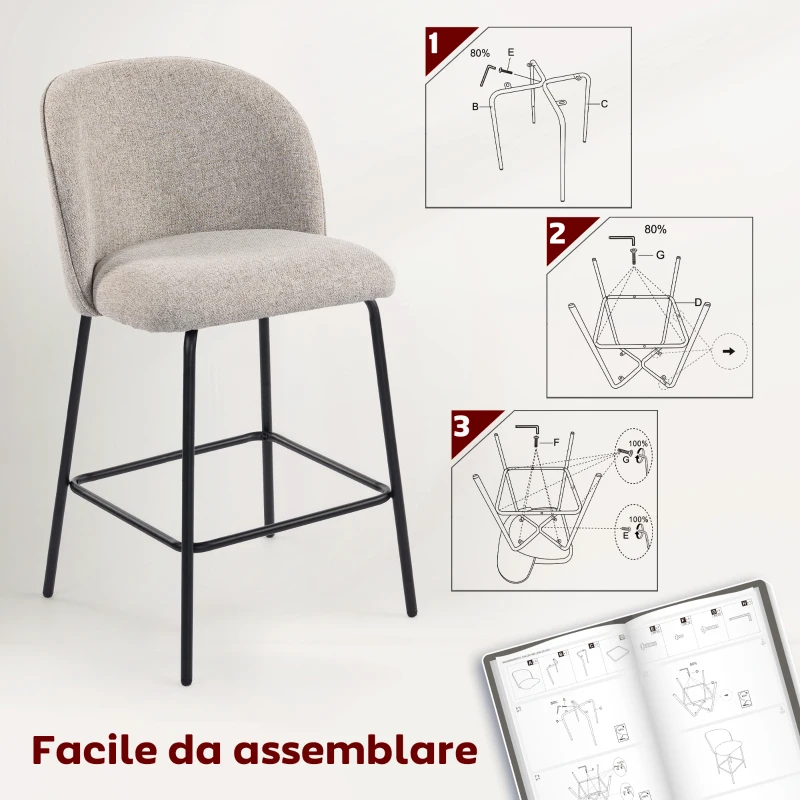 HOMCOM Set 2 Sgabelli da Bar con Schienale e Poggiapiedi, Rivestimento in Tessuto e Gambe in Acciaio, Grigio