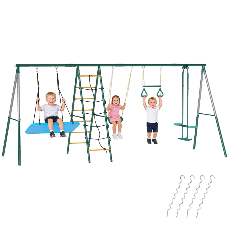 AIYAPLAY 5-in-1 Schaukelgestell mit verstellbarer Nestschaukel Turnringe Doppelsitzer Klettergerüst für 3-8 Jahre 440x175x203 cm