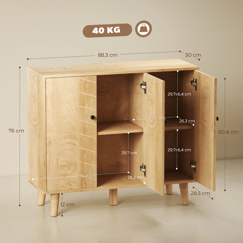 HOMCOM Buffet Cuisine, Meuble de Rangement avec 3 Portes à Motif Chevron et Pieds en Bois de Pin, 88,3x30x76cm, Bois Naturel