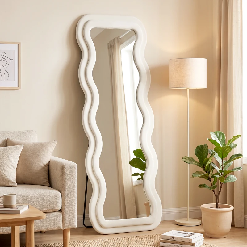 HOMCOM Standspiegel mit wellenförmigem Samtrahmen, 160x60 cm, gehärtetes Glas, Creme