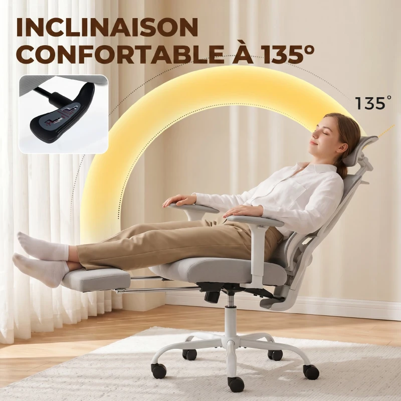 HOMCOM Chaise bureau ergonomique, fauteuil de bureau avec soutien lombaire dynamique adaptatif, 73x75x120-128cm, gris
