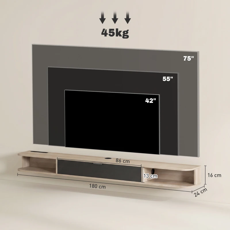 HOMCOM Raft TV suspendat, mobilier TV pentru televizoare până la 190,5 cm, sertar rabatabil, 2 rafturi 180x24x16cm lemn natural