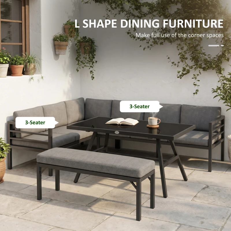Outsunny 4 Piece L-shaped Garden Furniture Set 8-Seater Aluminium Outdoor Dining Set Conversation Sofa Set w/ Bench, Dining Table & Cushions, Grey