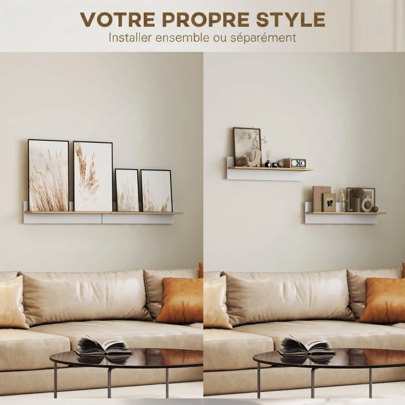 HOMCOM Lot de 2 étagères murales de 80 cm, étagères flottantes pour salon, entrée, chambre et cuisine, blanc et bois naturel