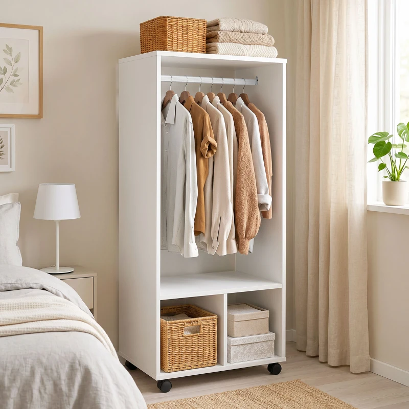 HOMCOM Mobiler Kleiderschrank Garderobe Schrank mit Regal 4 Schwenkräder für Wohnzimmer Schlafzimmer, Aluminiumlegierungen, 60 x 40 x 128 cm, Weiß
