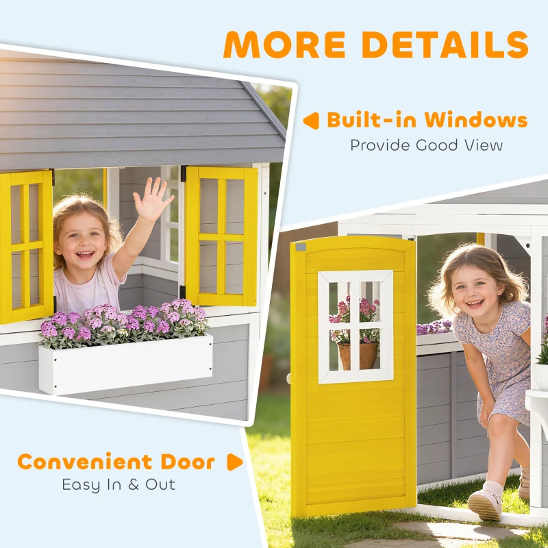 Outsunny Wooden Playhouse with Doors, Windows, Plant Pots, Boxes, for 3-8 Years - Grey
