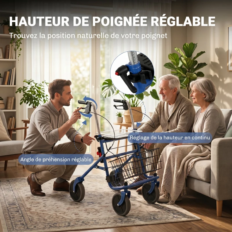 HOMCOM Déambulateur 4 roues pliable, rollator en acier inoxydable, siège rembourré en PU, poignée réglable, bleu