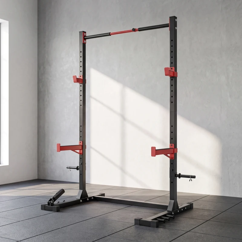 SPORTNOW Power Tower Multifonction Charge 500 kg Largeur Réglable, Barre de Traction, Rack de Squat, 176x106x212cm, Rouge