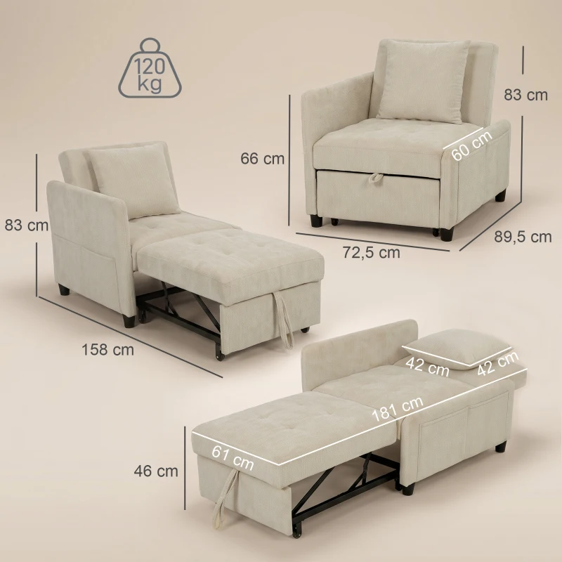 HOMCOM Poltrona Conversível 1 Lugar, Poltrona-Cama Clic-Clac 4 em 1 Estofada em Chenille, Encosto Regulável, Assento Largo, Bege