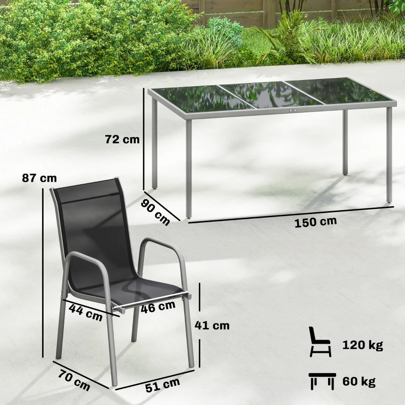 Set mobilier de grădină Outsunny, 7 piese, cu 6 scaune stivuibile din Textilenă și masă cu blat din sticlă, Negru și Argintiu