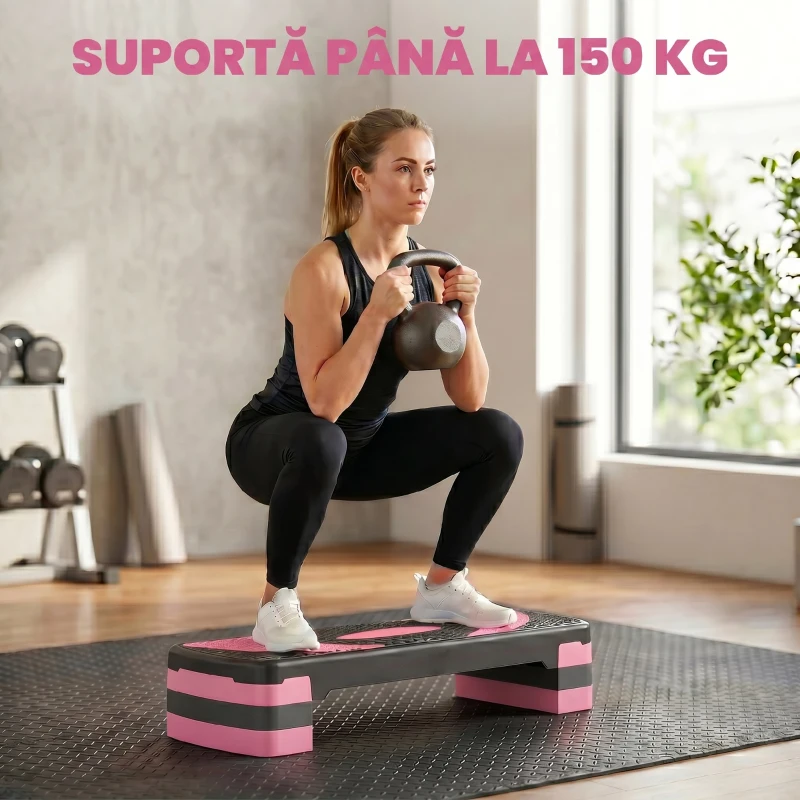HOMCOM Step Fitness pentru Aerobic Reglabil pe 3 Înălțimi, din Plastic, 80x31x10/15/20 cm, Roz