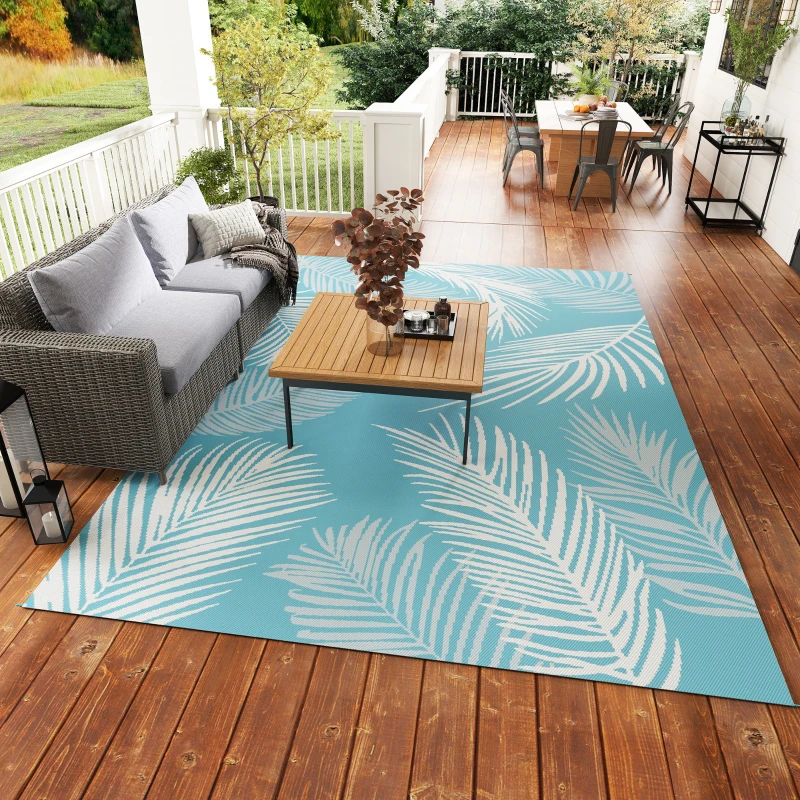 Outsunny Outdoor Teppich wendbarer robuster Wetterfest Outdoorteppich mit Tragetasche Bodenankern 274 x 182 cm Hellblau+Weiß