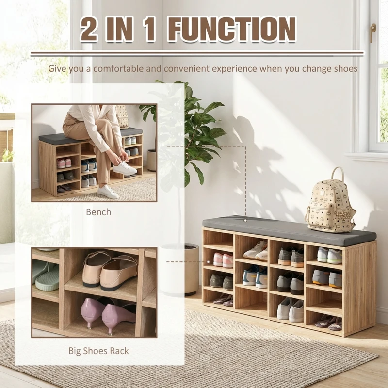 HOMCOM Multi-Storage Shoe Rack w/ 14 Compartments Cushion Moving Shelves Solid Frame Foot Pads Home Office Tidy Organisation Boots Trainers Brown