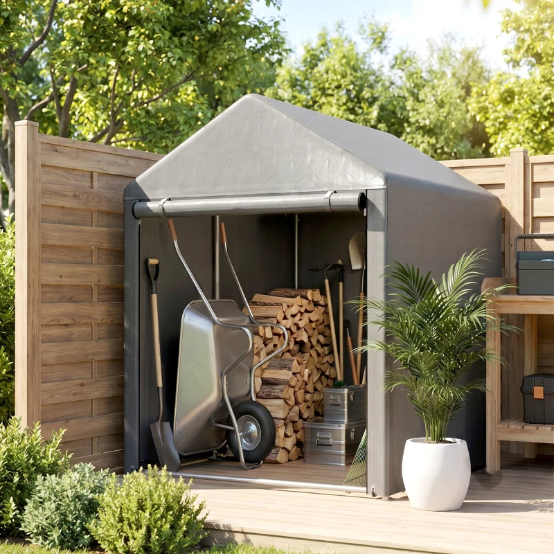 Outsunny Abri de Jardin Imperméable avec 2 Compartiments, Porte Enroulable à Fermeture Éclair, 120x179x165cm, Gris Clair