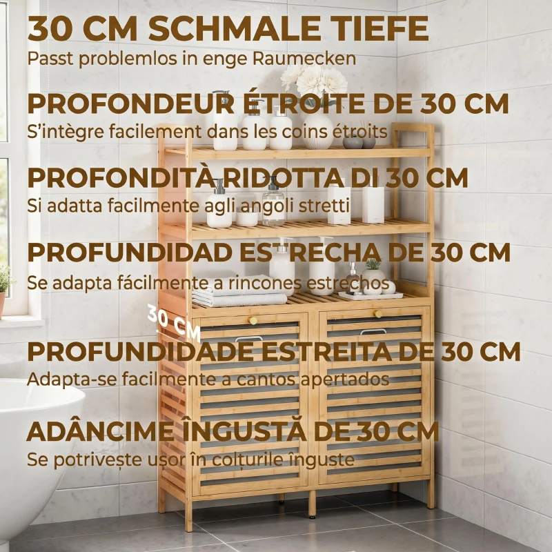 HOMCOM Dulap pentru Rufărie Dublu Rabatabil, Bambus, 2 Coșuri, 3 Rafturi, Culoare Stejar