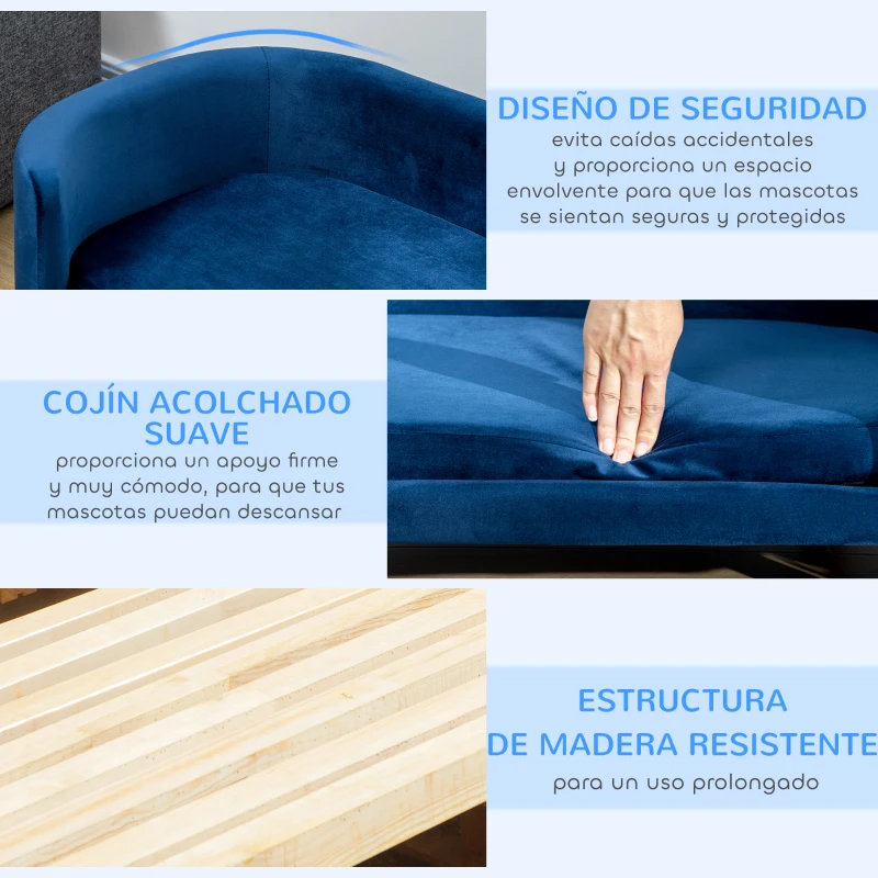 PawHut Sofá para Perros Pequeños con Patas de Madera Funda Lavable y Cojín Desmontable 86x55x33 cm Azul