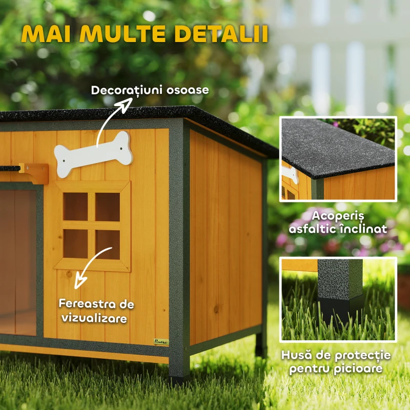 PawHut Cușcă pentru câini de exterior din lemn și oțel rezistent la mușcături, cu acoperiș rabatabil și perdea pentru ușă, galben
