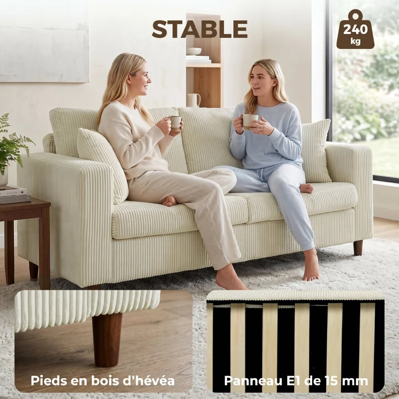 HOMCOM Canapé 2 Places en Velours Côtelé, Canapé de Salon Moderne 170 cm, Assise Large, Coussin à Ressorts, Crème