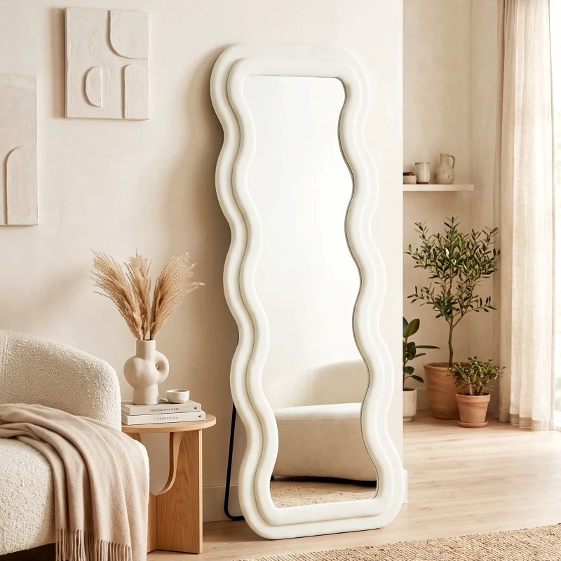 HOMCOM Standspiegel mit wellenförmigem Samtrahmen, 160x60 cm, gehärtetes Glas, Creme