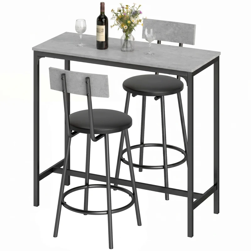HOMCOM Mesa de bar con 2 taburetes acolchados y reposapiés para comedor, espacios pequeños, gris