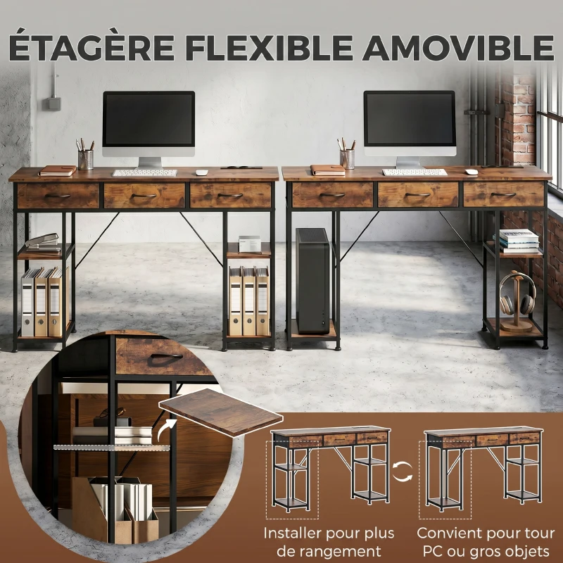 HOMCOM Bureau avec rangement avec prises de courant, 3 tiroirs en tissu et 4 étagères de rangement, 120 x 40 x 76 cm, marron