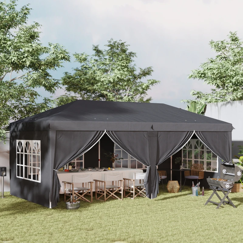 Outsunny 3 x 6 m Pop Up Gazebo with Sides and Windows, Height Adjustable Wedding Camping Party Tent Canopy Marquee with Storage Bag for Garden, Event, Black