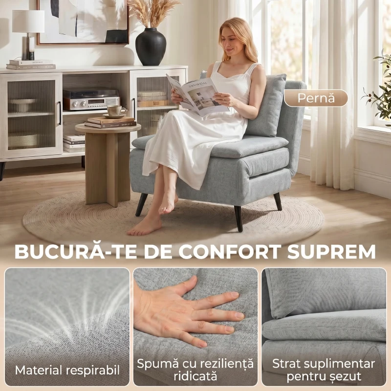 HOMCOM Fotoliu Pat cu Spătar Reglabil 3 Poziții, Pernă Detașabilă din Țesătură cu Aspect de In, Gri Deschis