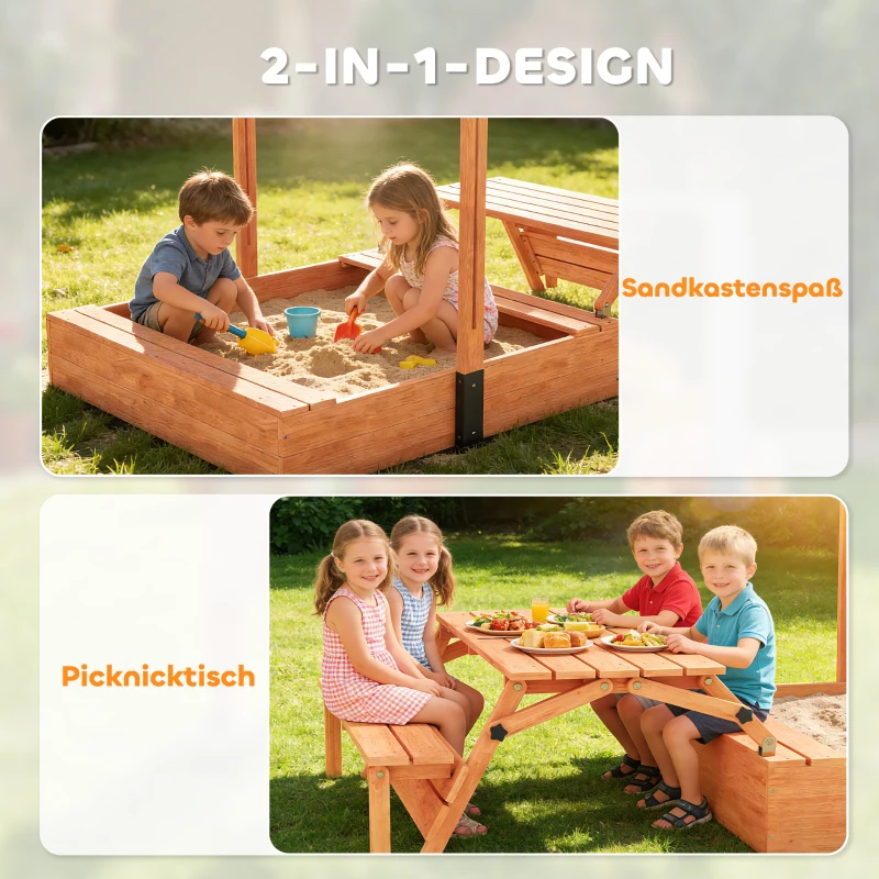 AIYAPLAY Sandkasten mit Dach Sandkiste aus Holz mit klappbarem Picknicktisch Sitzbänken für 3-8 Jahre 184 x 110 x 120 cm Braun