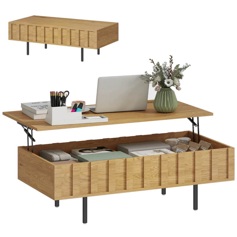 HOMCOM Klappbarer Couchtisch mit 2 versteckten Fächern und gerillten Seiten, Mid-Century-Modern-Stil, 110x55x36,5 cm, Eiche