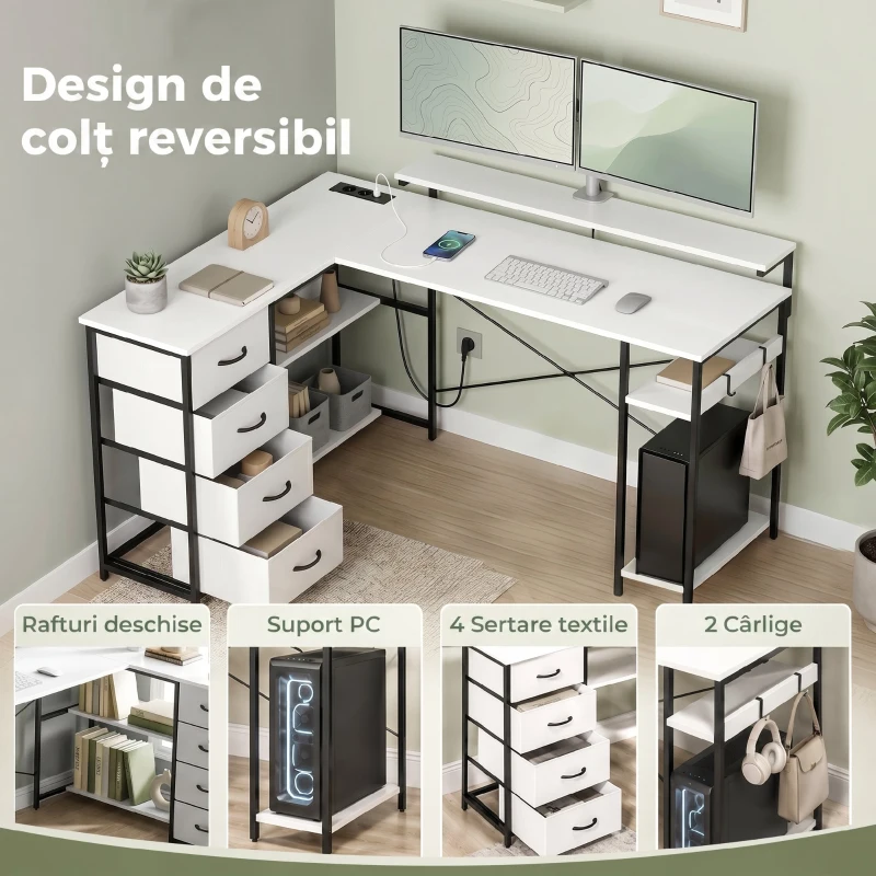 HOMCOM Birou de Colț în L, 155 cm, Reversibil, 4 Sertare Textile, Prize de Curent, Alb