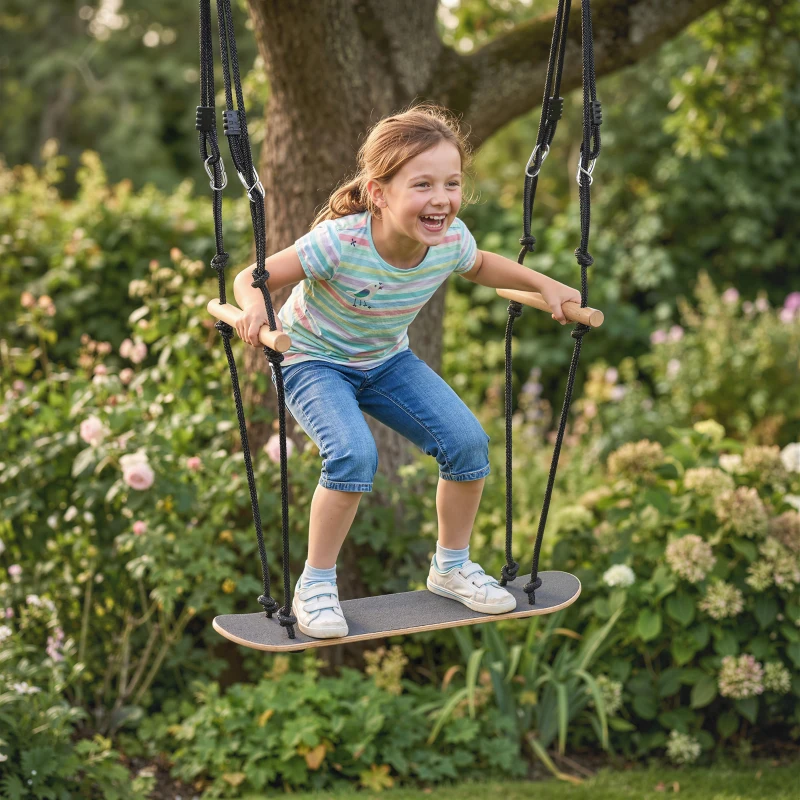 AIYAPLAY Skateboard Schaukel Kinderschaukel mit verstellbarer Höhe, rutschfestem Brett, wetterfestem Seil, Griffen Schwarz