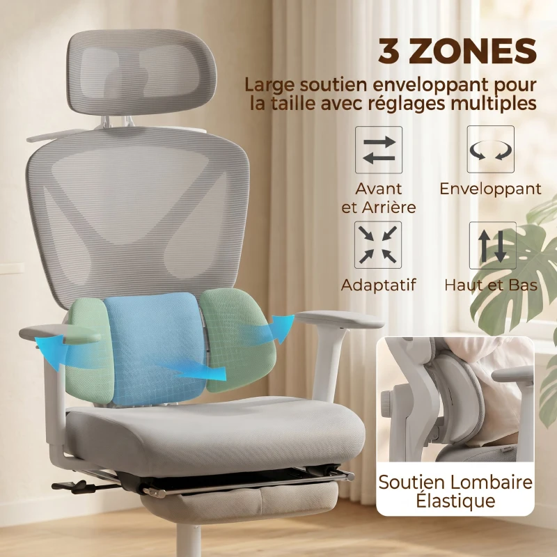 HOMCOM Chaise bureau ergonomique, fauteuil de bureau avec soutien lombaire dynamique adaptatif, 73x75x120-128cm, gris