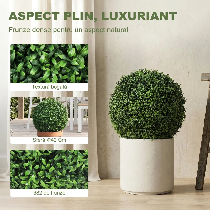 HOMCOM Plante Decorative Artificiale din Buxus cu 682 de Frunze, Rezistente la UV, Înălțime 42 cm