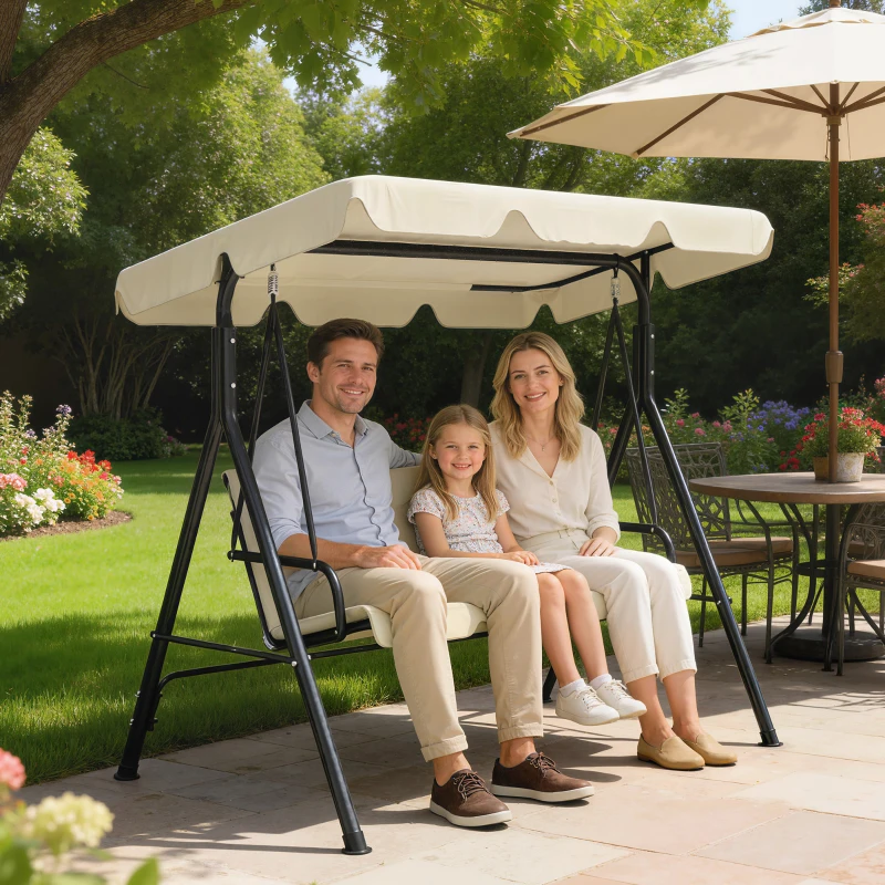 Outsunny Balancín de Jardín Exterior Columpio de 3 Plazas con Toldo Ajustable y Marco de Acero 172x118x153 cm Beige