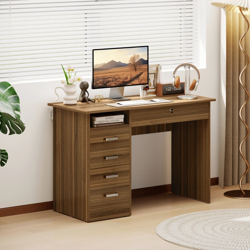 HOMCOM Birou de calculator cu 5 sertare, 110 x 50 cm, birou cu depozitare, raft deschis, sertar cu închidere, Nuc