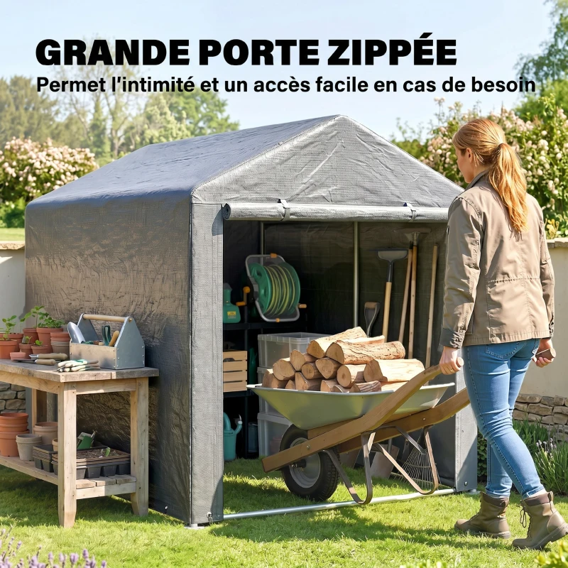 Outsunny Abri de jardin tente de stockage imperméable abri moto porte enroulable fermeture éclair, 160 x 218 x 172 cm, gris clair