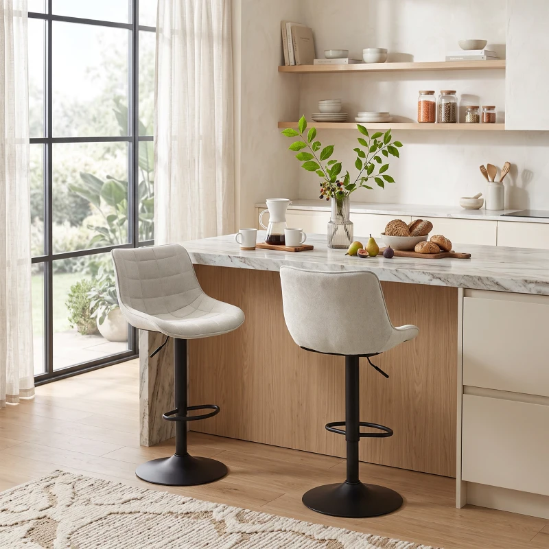 HOMCOM Set 2 drehbare, höhenverstellbare Barhocker mit Metallfuß und Rückenlehne, Cremeweiß