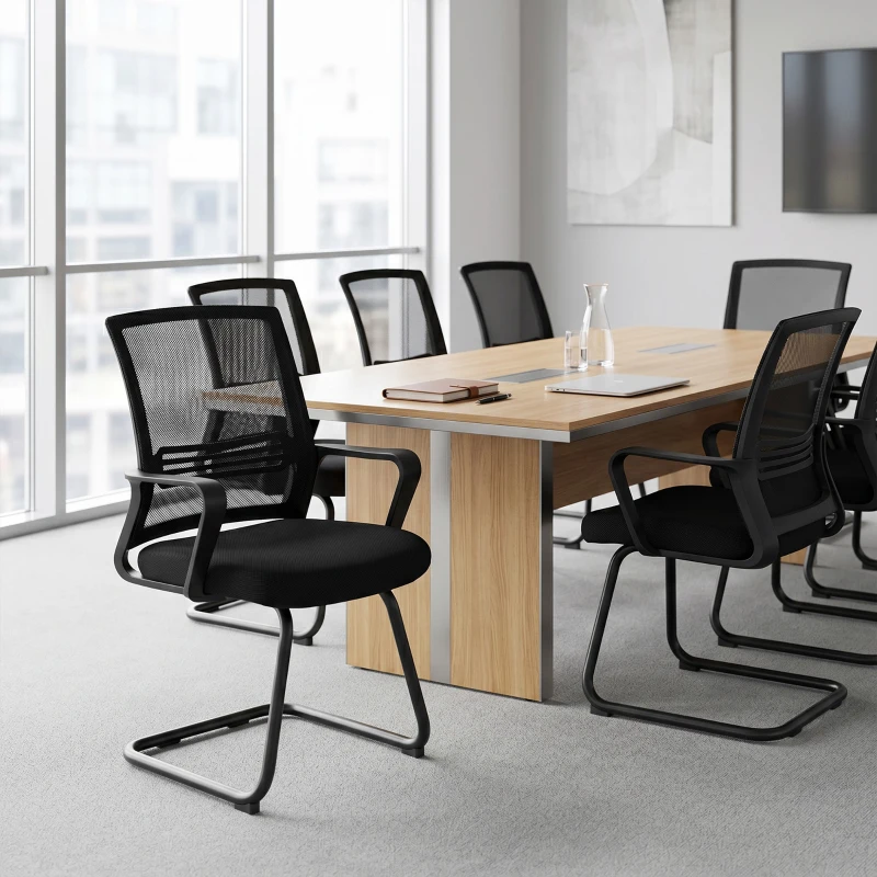 HOMCOM Set de 2 scaune ergonomice pentru birou fără roți, scaune de conferință tapițate cu cadru tip sanie pentru sala de așteptare și recepție, Negru