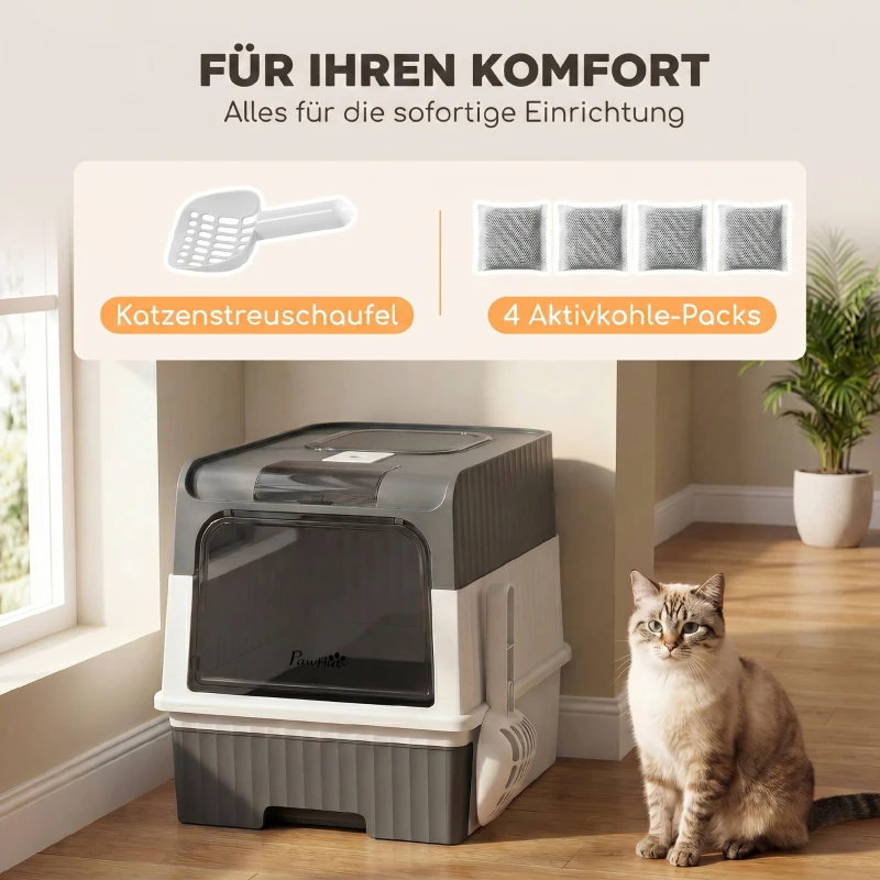 PawHut Katzentoilette, 48L Katzenklo mit Deckel, herausziehbarer Schublade, Vorder- & Ober Ausgang Schaufel für Katzen bis 4 kg