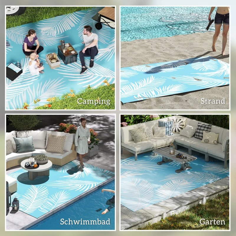 Outsunny Outdoor Teppich wendbarer robuster Wetterfest Outdoorteppich mit Tragetasche Bodenankern 274 x 182 cm Hellblau+Weiß