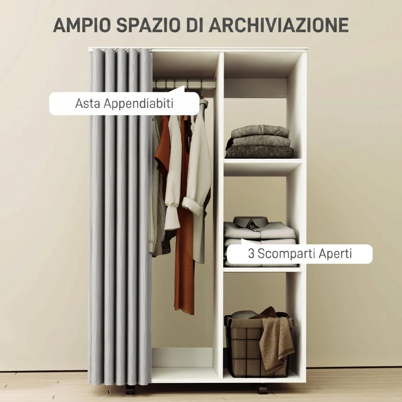 HOMCOM Stand Appendiabiti con 4 Ruote, Ripiani Aperti, Asta per Vestiti, Tende per Guardaroba, per Camera da Letto Soggiorno Corridoio, Bianco