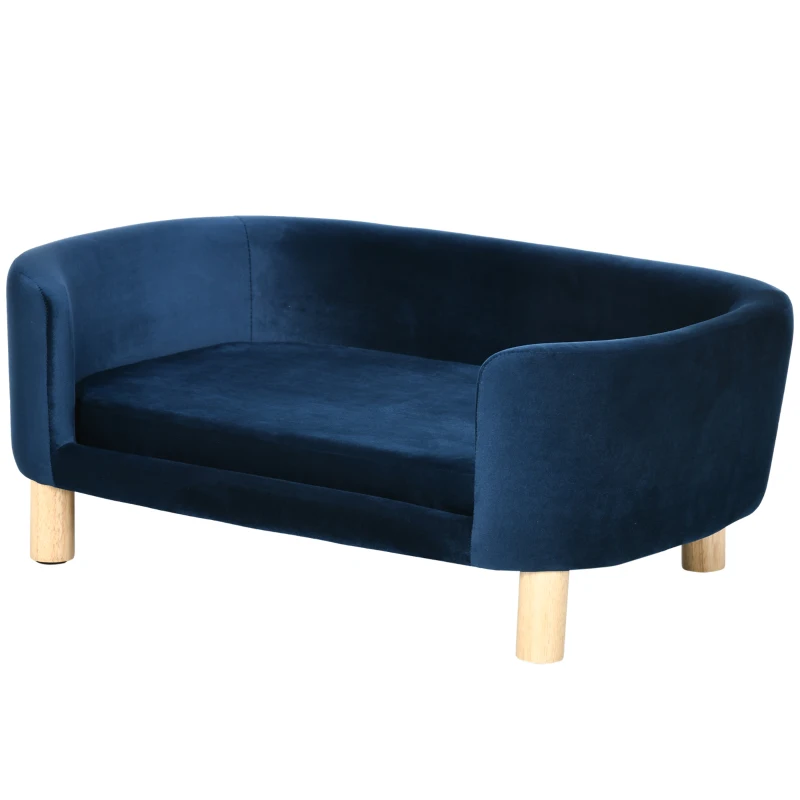 PawHut Hundesofa Hundebett aus holländischem Samt Hundecouch mit Rückenlehne, Holzbeine, Kissen Blau