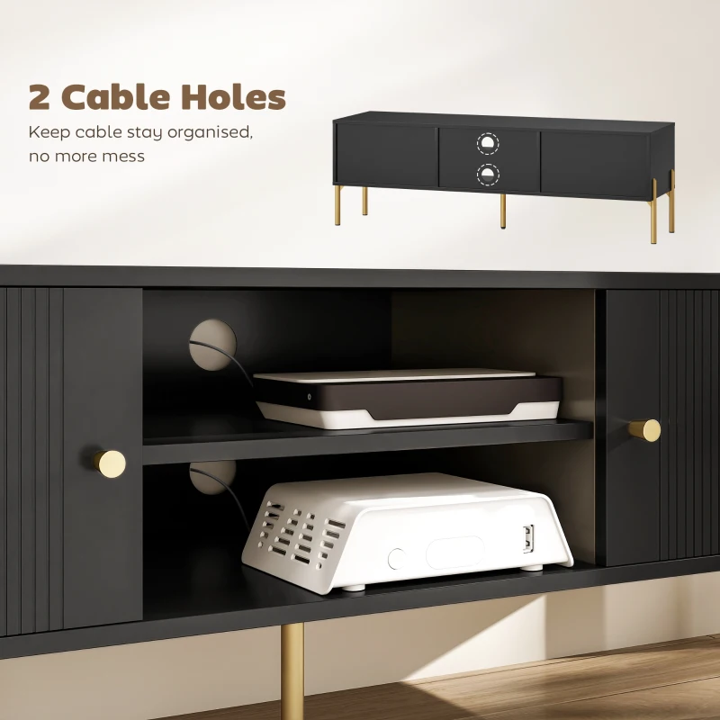 HOMCOM Móvel TV para Televisão até 165,1 cm Portas Caneladas Compartimentos Abertos Pés em Aço 140x38x45,9 cm Preto