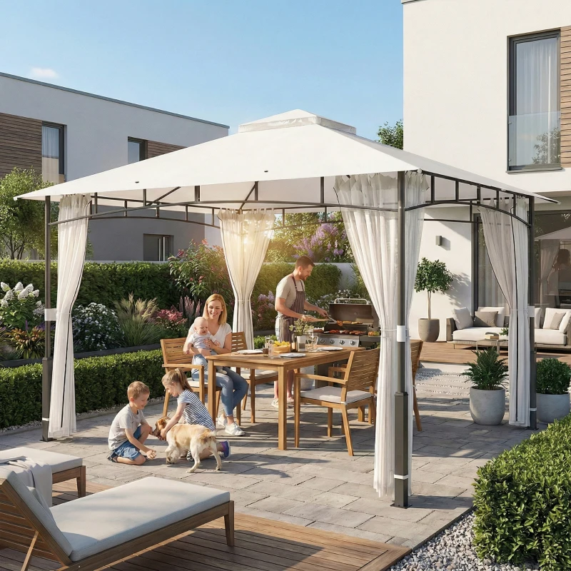 Outsunny Pavillon, 3x3,6 m wasserabweisend Stabil Gartenpavillon mit Moskitonetz, Doppeldach, für Garten, Terrasse, Schwarz