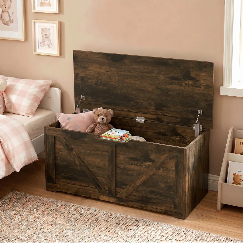 HOMCOM 127L Home Storage Box, with Safety Hinges - Rustic Brown Wood-Effect