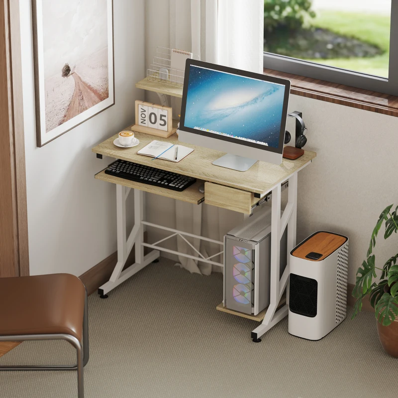 HOMCOM Schreibtisch, Studiertisch mit Tastaturauszug und Schublade, Computertisch für Arbeitszimmer 90x50x100 cm Eiche