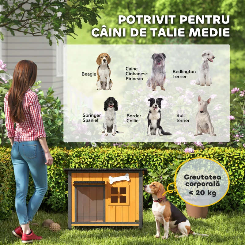 PawHut Cușcă pentru câini de exterior din lemn și oțel rezistent la mușcături, cu acoperiș rabatabil și perdea pentru ușă, galben